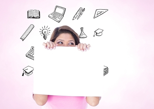 Digitally composite image of woman holding blank sheet of paper with various icons in background
