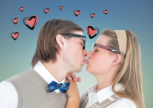 Digital composite image of couple kissing each other with heart on clear sky