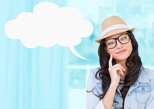 Thoughtful woman with blank speech bubble against blue background