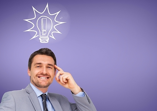 Digital composition of thoughtful businessman with light bulb against purple background