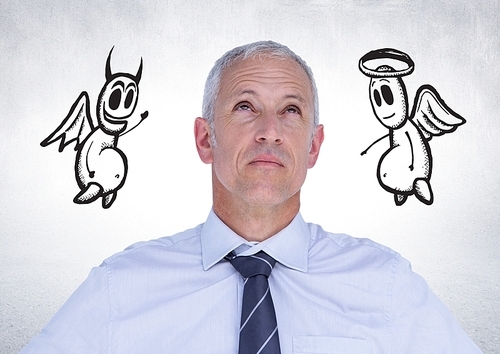 Digital composition of thoughtful businessman with angel and devil doodle in background