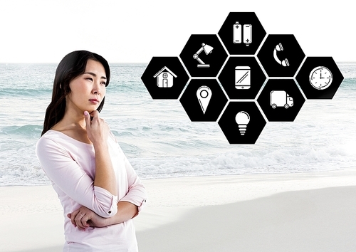 Digital composition of thoughtful woman with application icons against beach in background