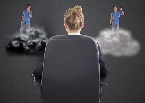 Digital composition of businesswoman sitting on chair against man on clouds in background