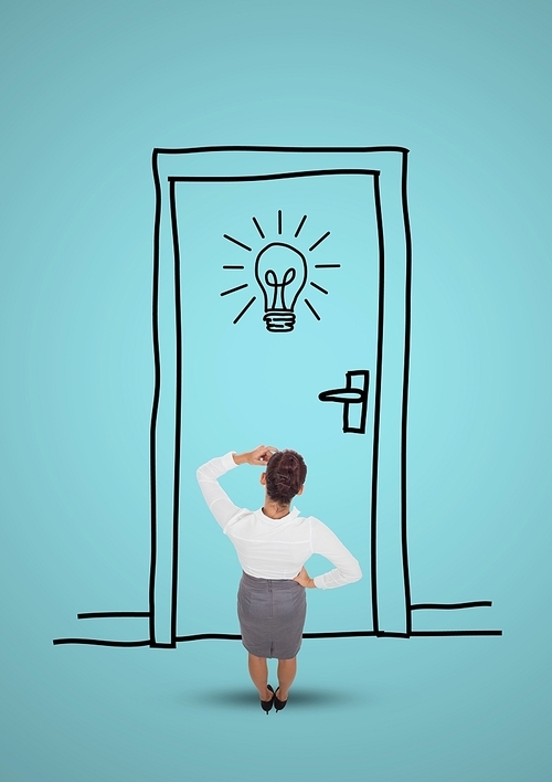 Digital composite image of businesswoman looking drawn door and light bulb on turquoise background