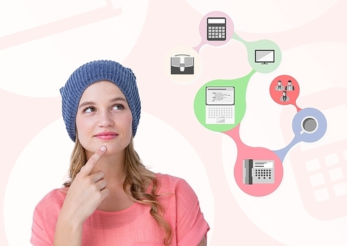 Digital composite of thoughtful woman with various application icons
