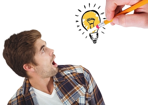 Digital composite of shocked man looking at innovative bulb drawn on white background