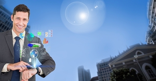 Digital composite image of smiling businessman using smart watch
