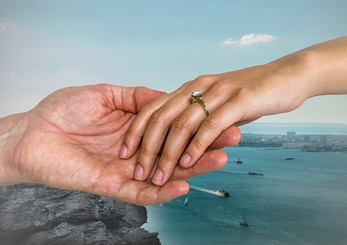 Digital composite of couple holding hands against sea