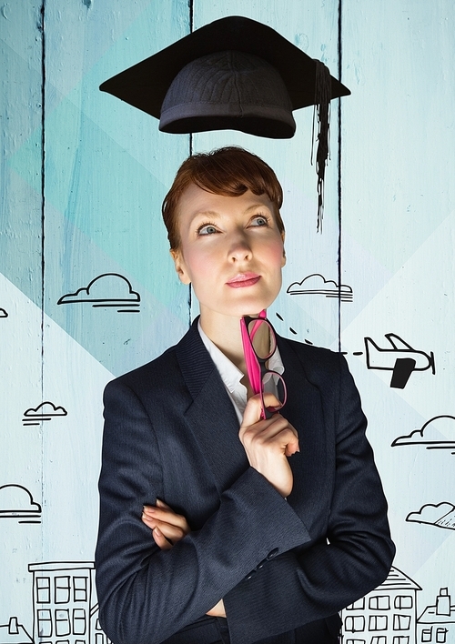 Digital composite of thoughtful businesswoman with mortar hat holding spectacles against wooden background