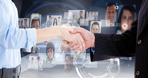 Digital composite image of businesspeople shaking hands against interface background