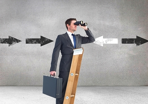 Digital composition of businessman looking through binoculars while standing on ladder against direction arrows in background