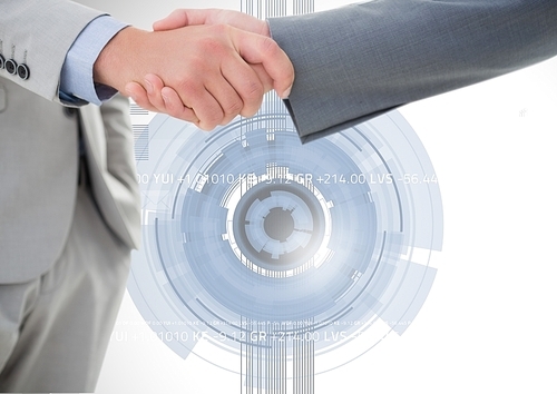 Digital composition of business professionals shaking hands against digital interface in background