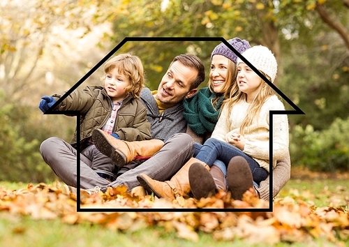 Digital composition of family sitting outdoors against house outline in background