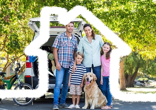 Digital composition of family and dog standing on the road against house outline in background