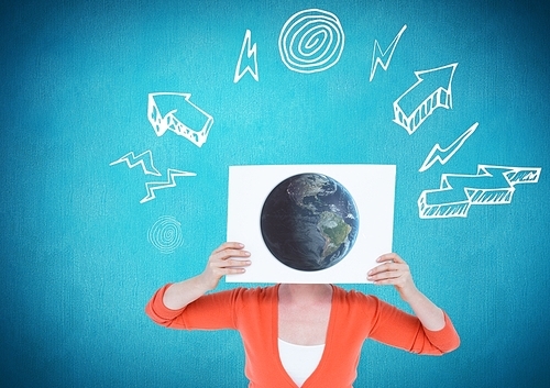 Digital composition of woman holding a placard with globe drawing against graphic interface background