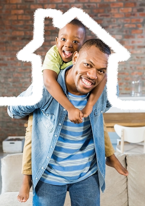 Digital composition of man carrying his son on his shoulder against house outline in background