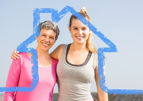 Digital composition of mother and daughter standing outdoors against house outline in background