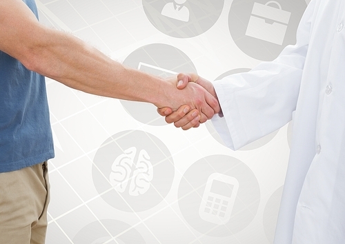 Digital composition of man shaking hand with doctor against medical concept background