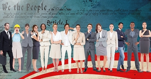 Digital composition of group of business executives standing against script