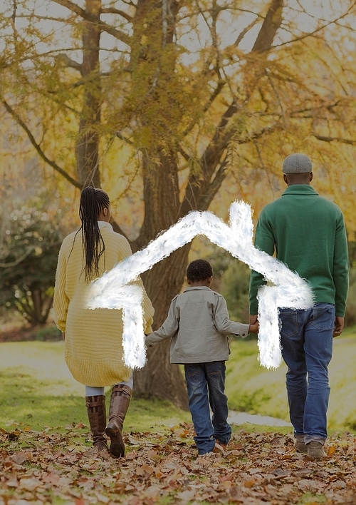 Digital composition of family walking in the woods against house outline in background