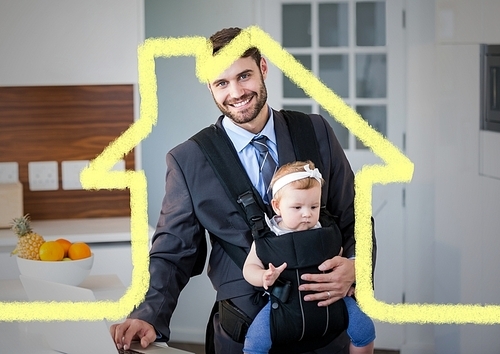 Digital composition of dad carrying his baby in baby carrier against house outline in background