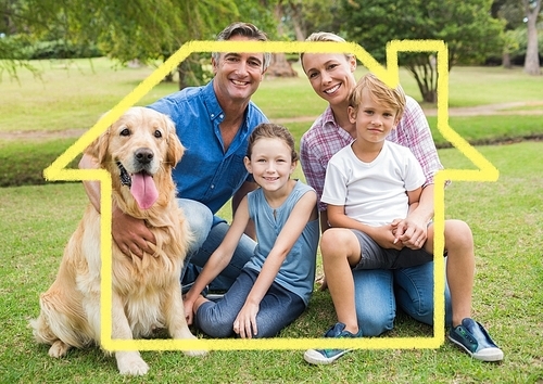 Digital composition of family and dog sitting in the park against house outline in background