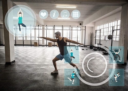 Digital composition of fit man performing stretching exercise in gym against fitness interface in background