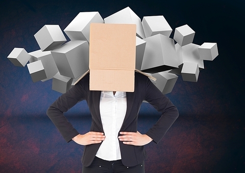 Digital compositon of businesswoman with her face cover with cardboard box standing against digital background