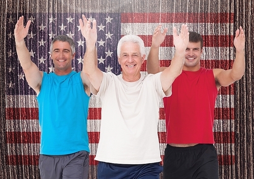 Digital composition of dad, son and grandfather performing exercise against american flag in background