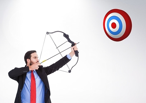 Digital compositon of businessman aiming at the target board against white background