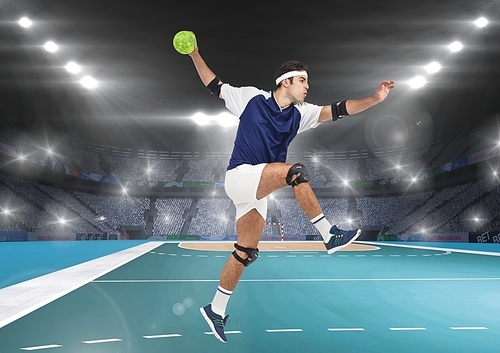 Digital composition of athlete playing handball against stadium in background