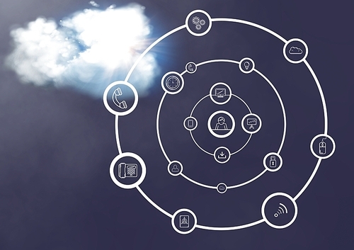 Digitally generated image of a interface with connecting icons against cloud in the background