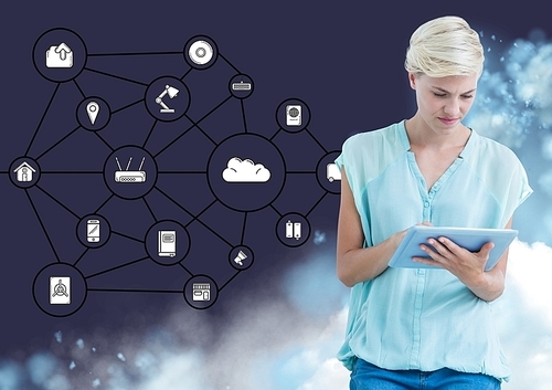 Digitally genrated image of woman using digital tablet against interface of connecting icons in the background
