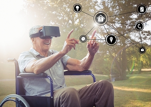 disabled senior man in . touching interface screen while using virtual reality headset