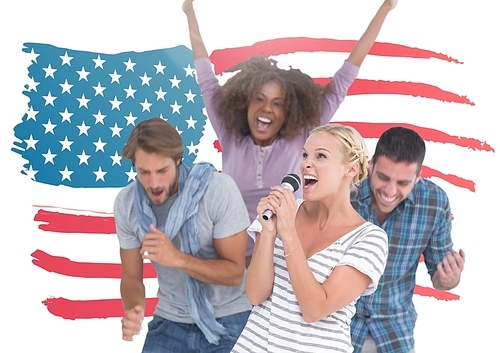 Happy group of people singing against american flag background