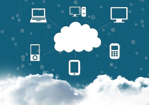 Conceptual image of cloud computing against blue sky in background