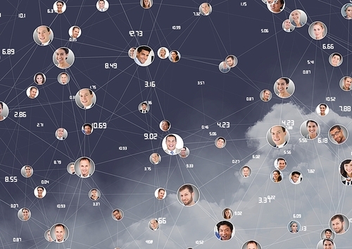 Conceptual image of connecting icons with various human faces and cloud