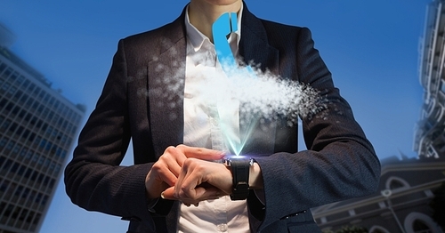 Digital generated image of businessman using smartwatch with clouds and icon