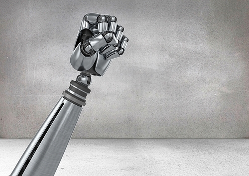 Digital composition of  robot fist against grey background