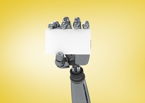 Close-up of robot hand holding a blank card against yellow background