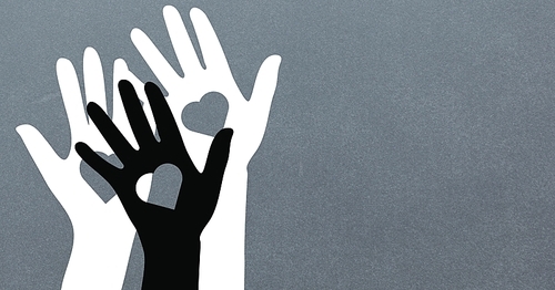 Illustration of black and white hands with heart shapes against grey background