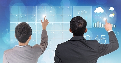 Digital composition of businesspeople touching digital screen for weather report