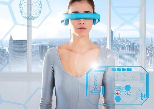 Woman using virtual reality headset and futuristic interface with cityscape in background
