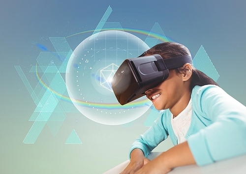 Girl using virtual reality headset with digitally generated background