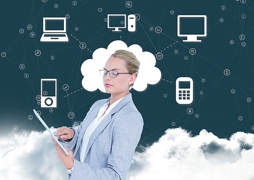 Digital composition of businesswoman using digital tablet with networking icons in background