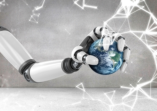 Digital composition of robot hand holding globe with sparks