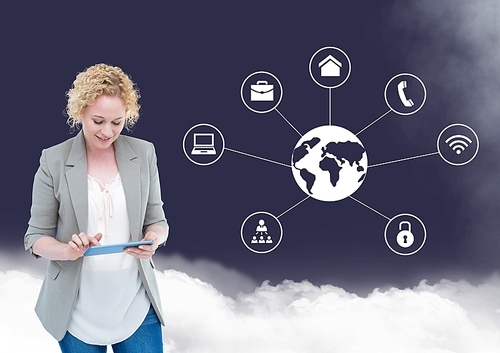 Digital composition of woman using digital tablet with connecting icons and cloud in background