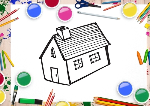 Digital composition of drawn house shape on white paper with colour pencils