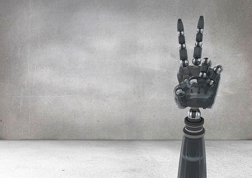 Digital composition of robot hand showing peace sign against grey background