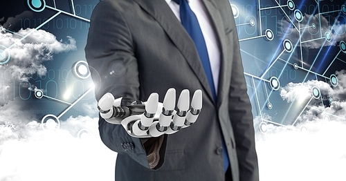 Digital composition of business man with robot hand with clouds in background